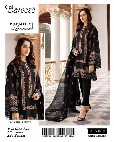 3 Pcs Women's Unstitched Linen Embroidered Suit
