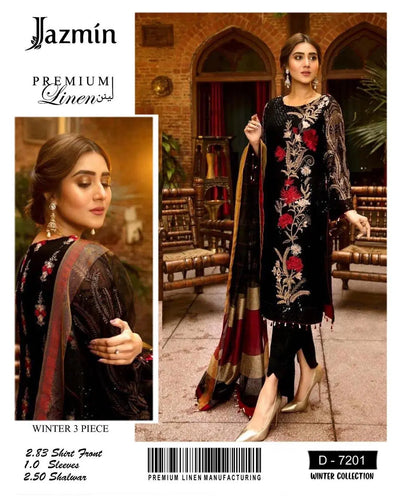 3 Pcs Women's Unstitched Linen Embroidered Suit