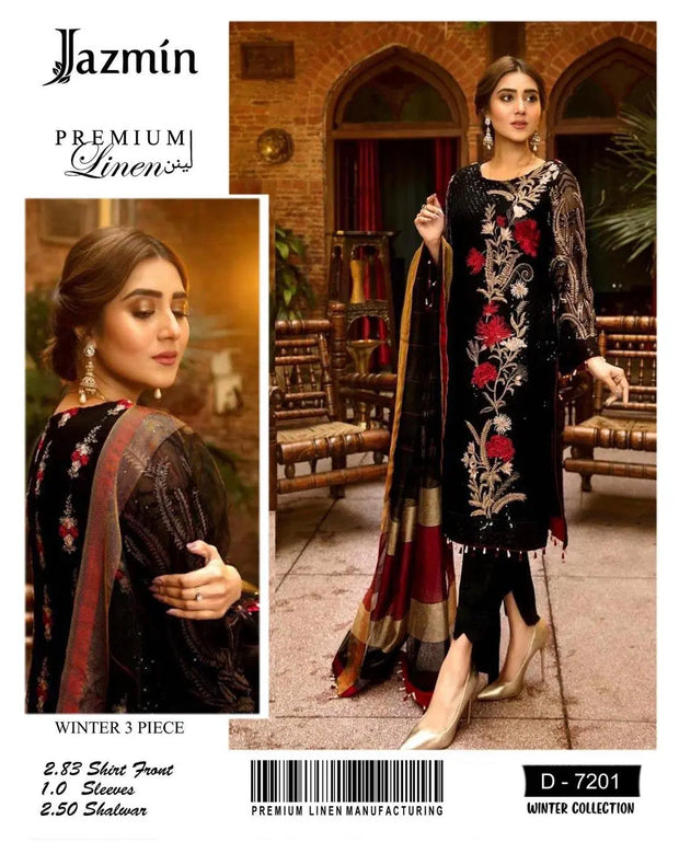 3 Pcs Women's Unstitched Linen Embroidered Suit